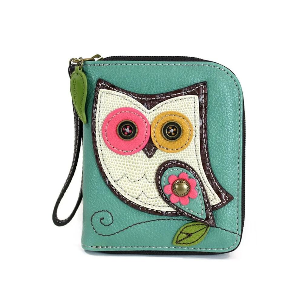 Chala Faux Leather Zip Credit Card Wallet Wristlet - Owl II, Teal NWT